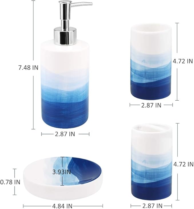 Rich Life Ceramic Bathroom Accessory Set - 4 Piece Painted Set incl. Soap Dispenser, Toothbrush Holder, Tumbler, Soap Dish (Blue)