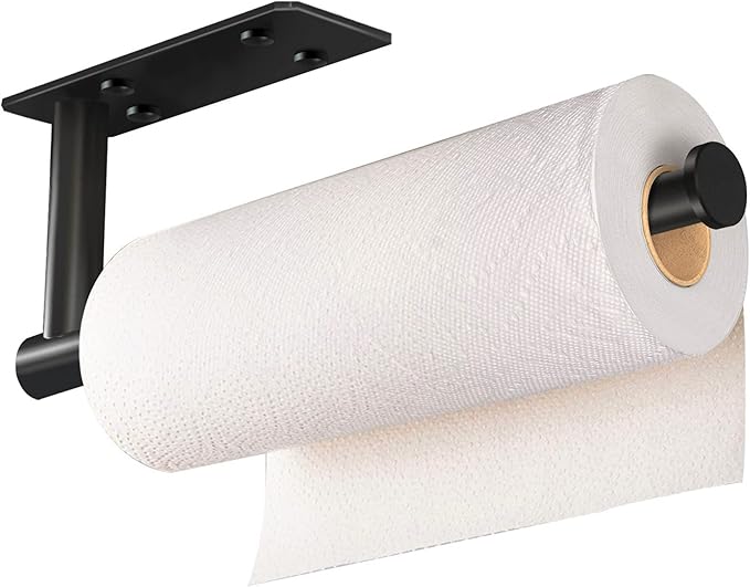 VAEHOLD Self Adhesive Paper Towel Holder Under Cabinet Mount, Wall Mounted Paper Towel Roll Holder with Damping Effect for Kitchen, Bathroom, Wall - SUS304 Stainless Steel (Matte Black)