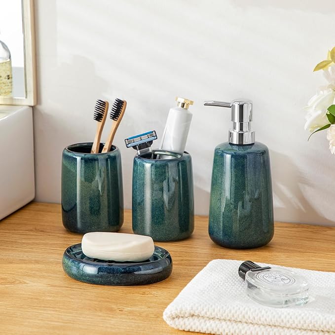vancasso Green Bathroom Accessories Set, Ceramic Soap Dispenser and Toothbrush Holder Sets, Stoneware 4 Pcs Bathroom Sink Set for Modern Home Decor, Series Starry