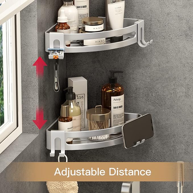 VOLPONE Corner Shower Shelves with Hooks Shower Storage Rack Rustproof Tub Organizer Drill Free (adhesive mounting, no suction cup) Shampoo Holder Wall Mount Corner Shower Caddy (3-Pack, Silver)