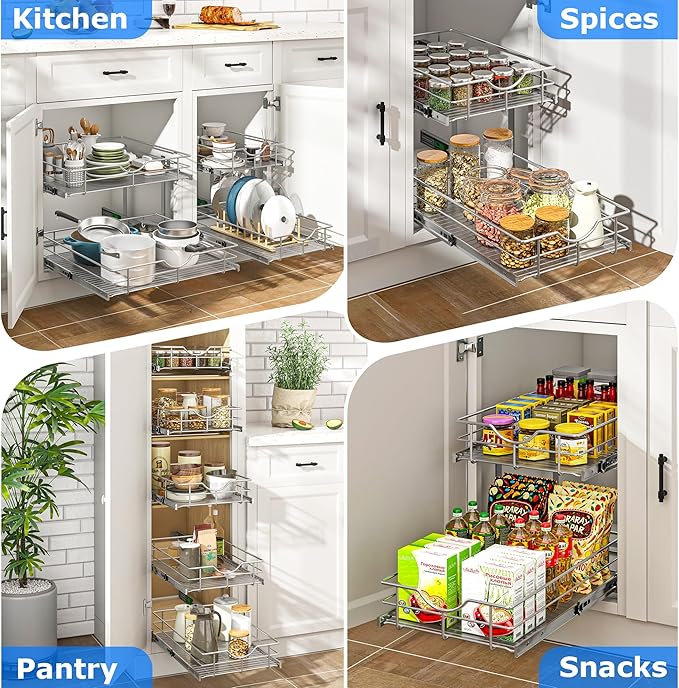 WelFurGeer 2-Tier Kitchen Cabinet Pullout Shelf and Drawer Organizer, Soft Close Pantry Pull Out Shelves, Heavy Duty Pull Out Cabinet Organizer with Shelf Liner for Kitchen Cabinets, Pantry Storage
