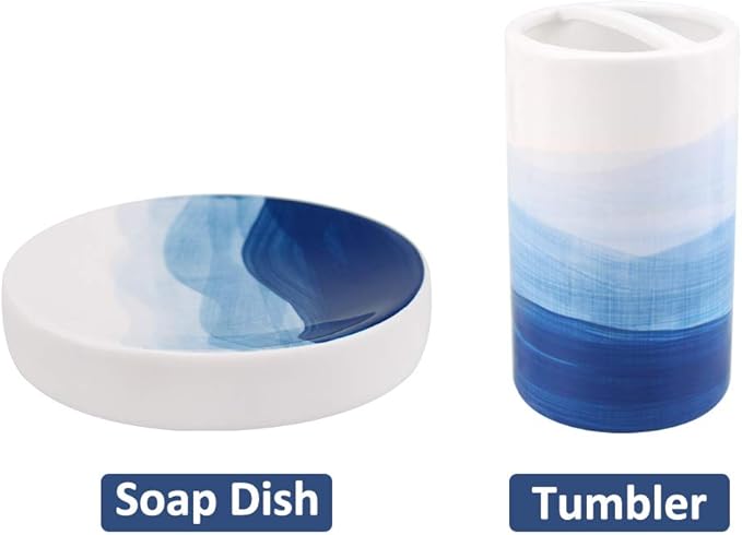 Rich Life Ceramic Bathroom Accessory Set - 4 Piece Painted Set incl. Soap Dispenser, Toothbrush Holder, Tumbler, Soap Dish (Blue)