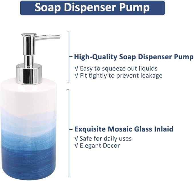 Rich Life Ceramic Bathroom Accessory Set - 4 Piece Painted Set incl. Soap Dispenser, Toothbrush Holder, Tumbler, Soap Dish (Blue)