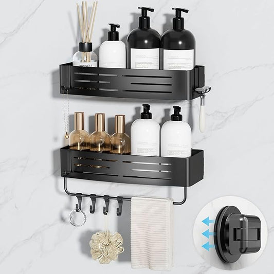 Onemake Shower Caddy Suction Cup,2-Pack Shower Shelf Organizer, Bathroom Suction Shelves with Portable Hooks, Shower Caddies Corner with Towel Bar,Matte Black
