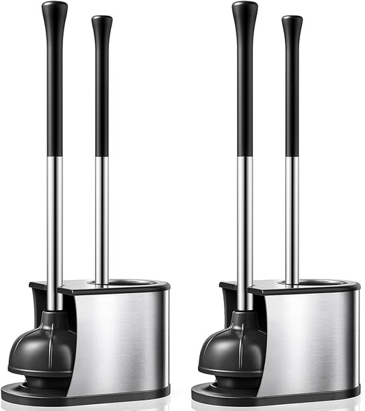 HAMITOR Toilet Plunger and Brush Set: 2 Pack 2 in 1 Stainless Steel Rustproof Combo with Curved Bristles - Heavy Duty Toilet Unclogging for Family Bathroom - Compact Apartment Cleaning Accessories