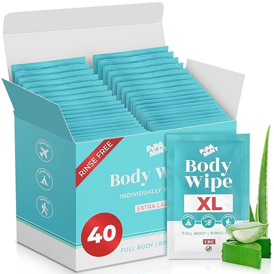 Wet Wipes Enhanced with Vitamin E and Aloe Vera | Face Wipes, Body Wipes for Adults Fragrance Free, Shower Wipe for Women & Men, Mini Travel Essentials (40 Individually Wrapped)