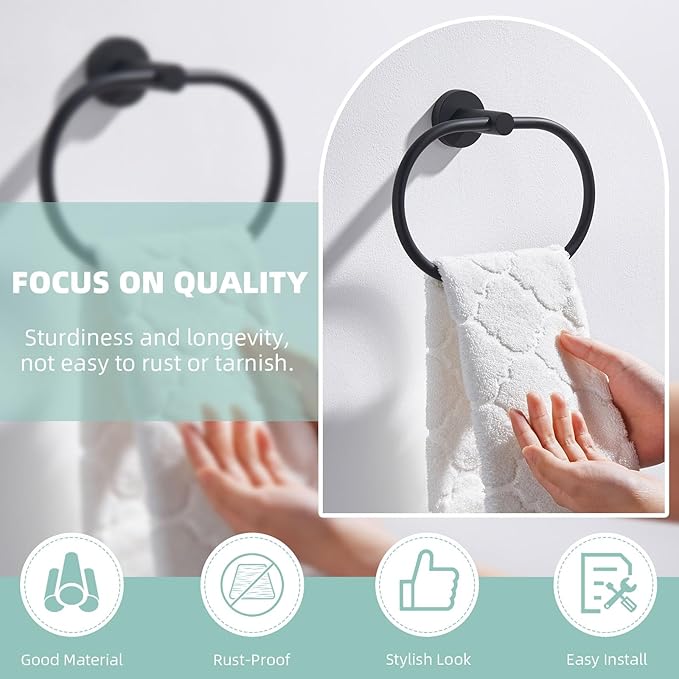Suyar Matte Black Towel Ring, Stainless Steel Modern Swivel Hand Towel Holder for Bathroom Wall, Oval Shape