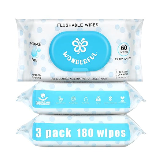WONDERFUL Flushable Butt Wipes, Unscented 100% Plant-Based Wet Wipes for Adults & Kids, Sewer & Septic Safe, Gentle for Sensitive Skin, Wipes Flushable Pack for Bathroom & Travel, 3-Pack (180 Counts)