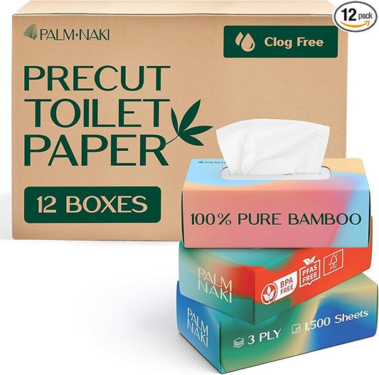 Pre-Cut Bamboo Toilet Paper – 3-Ply, Tissue Boxes – Gentle & Sustainable | No Fragrance, No BPA, No PFAS – Lint-Free | Septic Safe, Dissolves Fast | 12 Boxes (125 Sheets/Box) | PALM NAKI