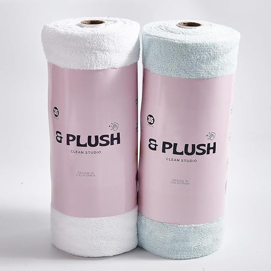 & PLUSH Microfiber Cleaning Cloth Roll - 70 Pack, Tear Away Microfiber Towels, 12" x 12", Reusable, Washable, Streak Free, Ultra Absorbent Dish Rags for Car, Home, Garage or Shop (Blue and White)