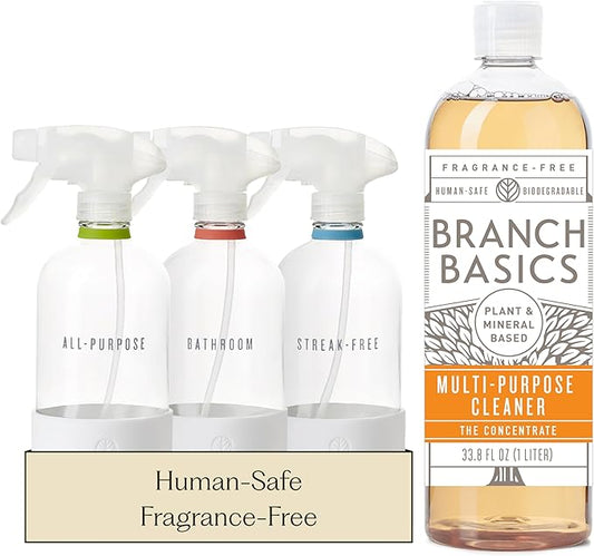 Branch Basics Cleaning Essentials Kit: All Purpose, Glass and Bathroom Cleaner - Concentrate (33.8 Oz) (24 Refills) + Refillable Glass Spray Bottles (16 Oz) Plant Based, Human-Safe, & Fragrance Free