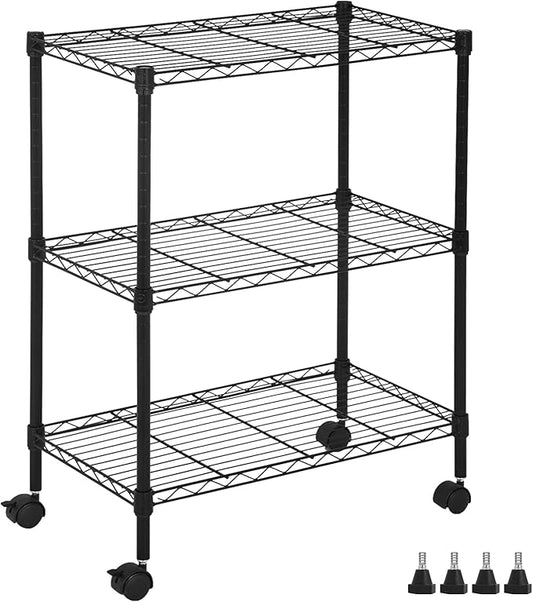 Wire Shelving 32" H x 23W x 13D Storage Shelf with Wheels Adjustable 3 Tier Metal Shelves Unit for Small Places Kitchen Storage Rack Shelf Organizer, 450Lbs Capacity, Black