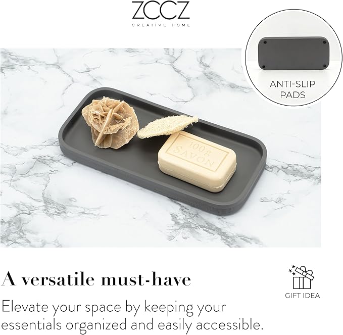 ZCCZ Gray Bathroom Accessories Set 6 Pieces - Toothbrush Holder, Lotion Dispenser, Qtip Container, Vanity Tray, Tumbler - Countertop Organizer for Bathrooms - Elegant and Functional Décor Set