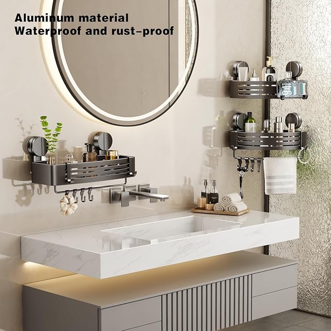 VOLPONE Shower Caddy Suction Cup No Drilling Suction Cup Shower Shelf Heavy Duty Bathroom Shower Organizer Storage Rack Adhesive with Towel Bar Hooks (3-Pack, Matte Gray)