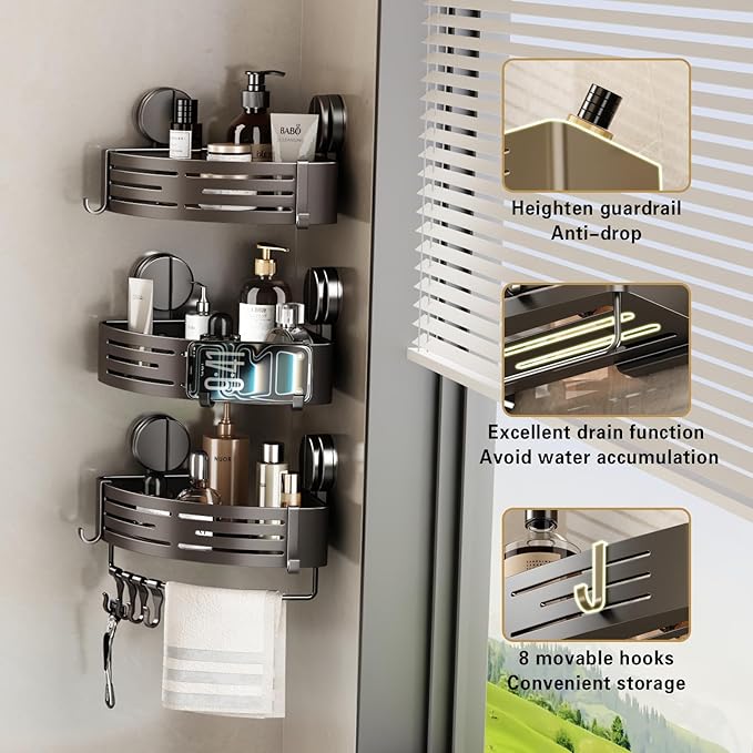 VOLPONE Shower Caddy Suction Cup No Drilling Suction Cup Shower Shelf Heavy Duty Bathroom Shower Organizer Storage Rack Adhesive with Towel Bar Hooks (3-Pack, Matte Gray)