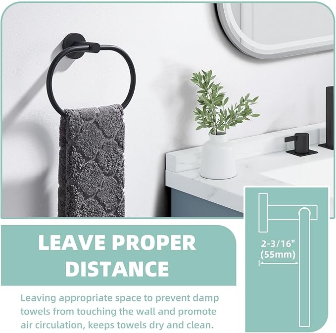 Suyar Matte Black Towel Ring, Stainless Steel Modern Swivel Hand Towel Holder for Bathroom Wall, Oval Shape