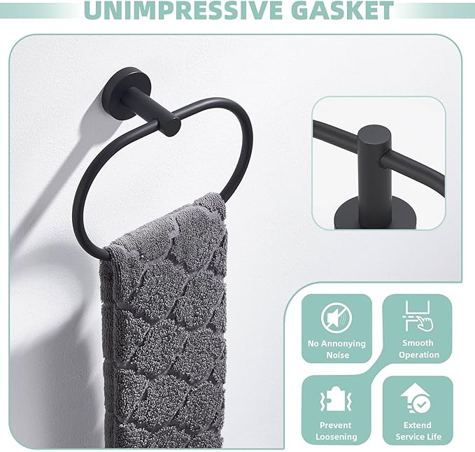 Suyar Matte Black Towel Ring, Stainless Steel Modern Swivel Hand Towel Holder for Bathroom Wall, Oval Shape
