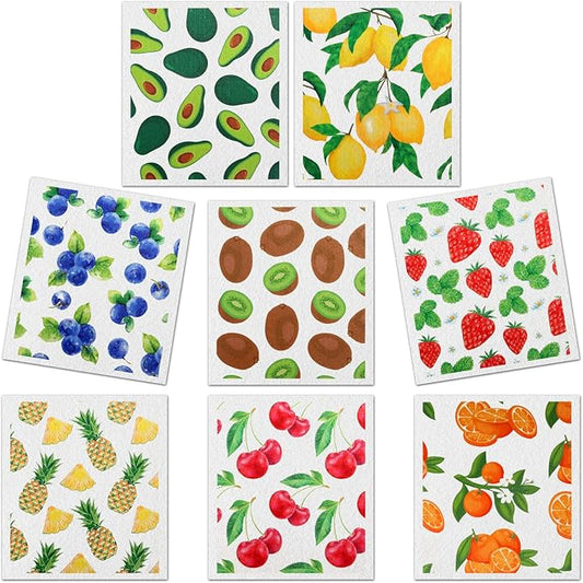 Lucomb Reusable Swedish Kitchen Dish Cloths, 8 Pack Replace Paper Towels Quick Drying Kitchen Sponges Dish Rags for Dishes Washing Home Cleaning Window Glass Wipes (Mixed Fruit)