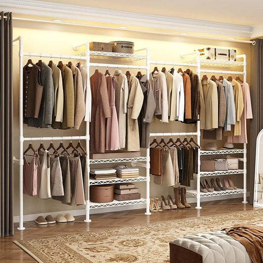 Wall Mounted Garment Rack, Industrial Pipe Metal Clothing Rack with 6 Hanging Rods (4 Expandable) & 8 Shelves, Closet Organizers and Storage System for Bedroom, Walk in Closet