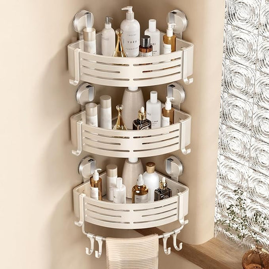 VOLPONE Corner Shower Caddy Suction Cup Shower Shelf Corner No Drilling Bathroom Shower Organizer Storage Rack Adhesive with Towel Bar Hooks(3-Pack, Ivory)