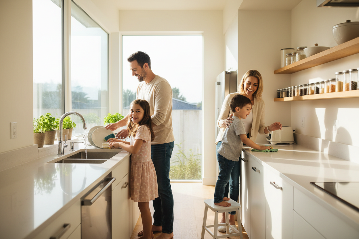 부엌에서 가족들이 함께 청소하며 설거지 하는 모습. 밝은 모습으로